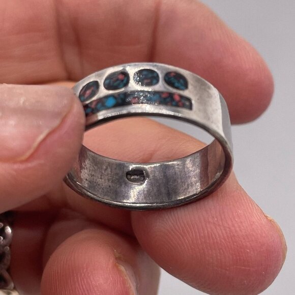 925 Sterling Silver Band Ring Gemstone Chips Inlay Size 8.75 - Picture 3 of 6